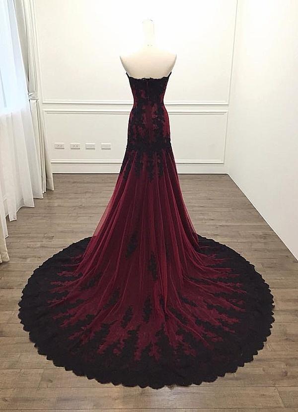 Black And Red Sweetheart Tulle With Lace Glam Evening Gown Party Dress, Long Formal Dress Secondary image