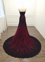 Black And Red Sweetheart Tulle With Lace Glam Evening Gown Party Dress, Long Formal Dress