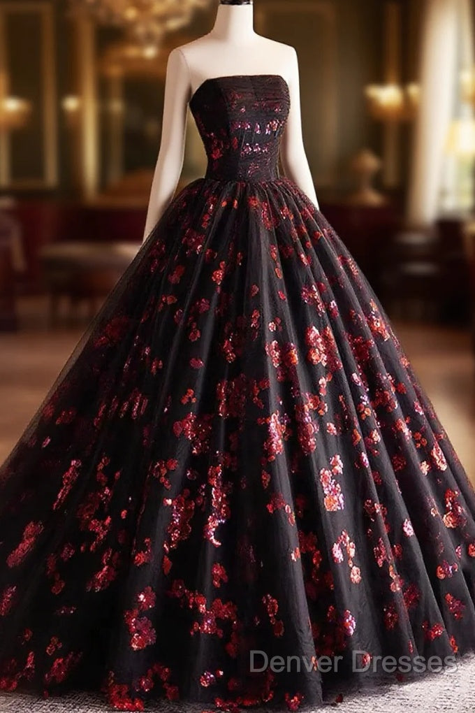 Black And Red Tulle Floral Sweet 16 Dress, Black And Red Party Dress Prom Dress Main image
