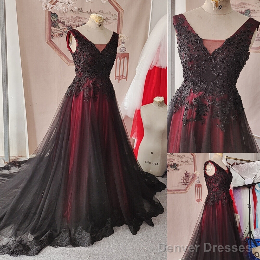 Black And Red Tulle V-Neckline Beaded Party Dress, Black And Red Evening Dress Secondary image
