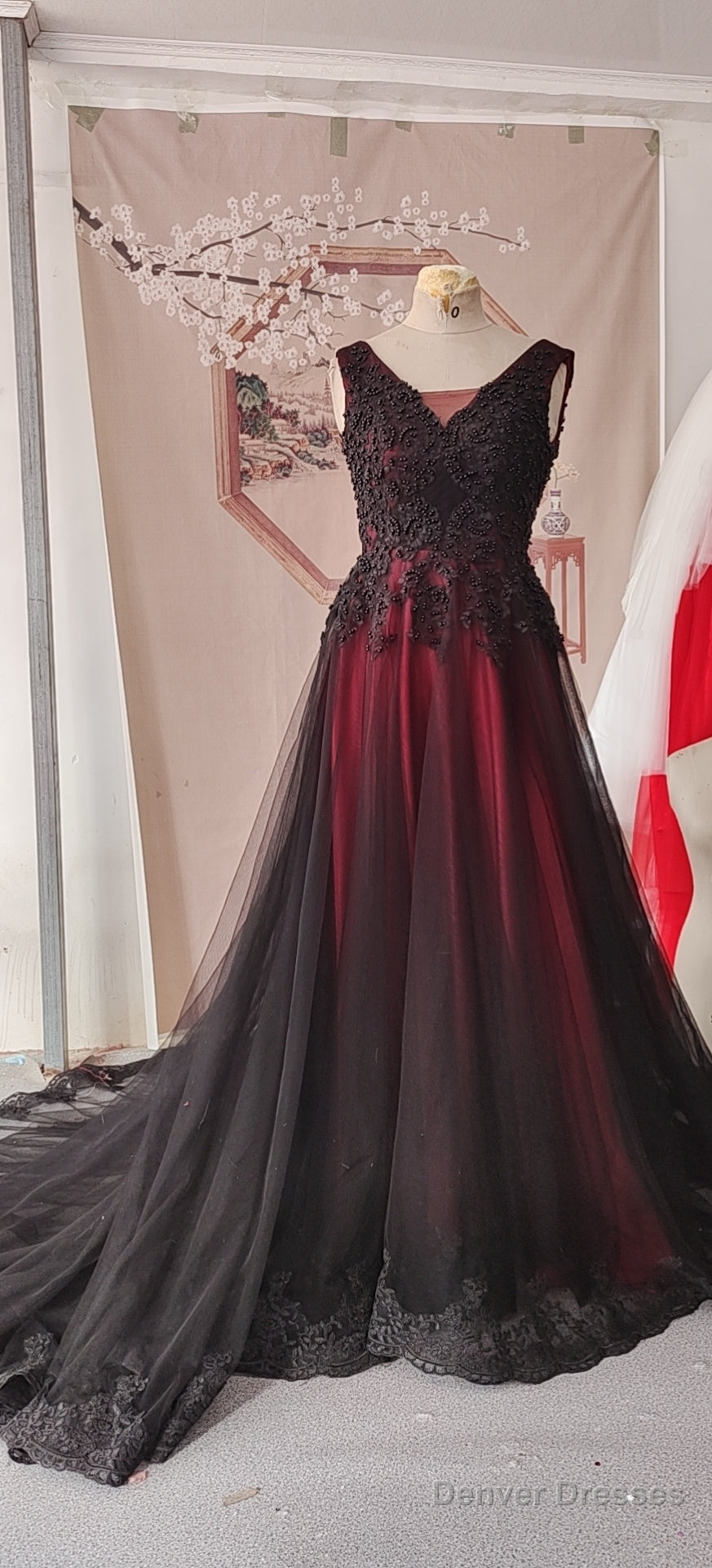 Black And Red Tulle V-Neckline Beaded Party Dress, Black And Red Evening Dress