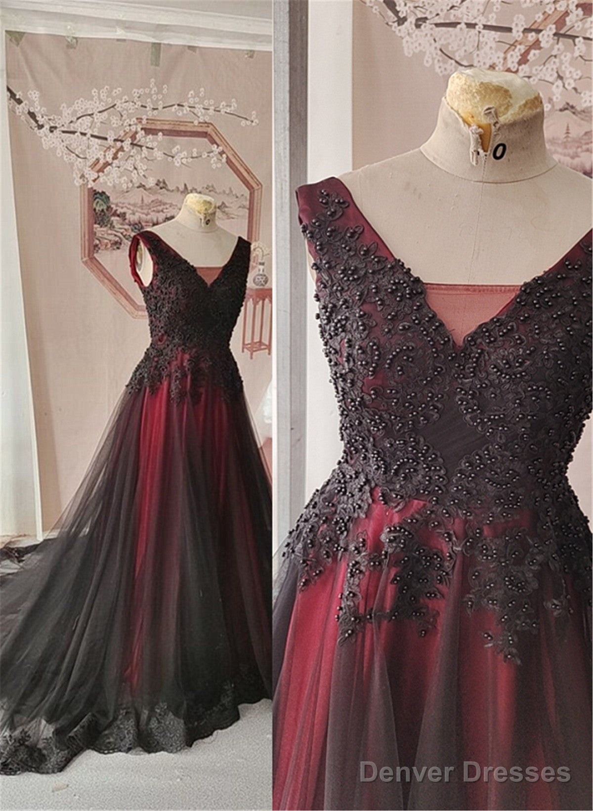 Black And Red Tulle V-Neckline Beaded Party Dress, Black And Red Evening Dress