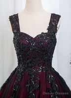 Black And Red Tulle With Black Lace Applique Prom Dress, Black Tulle Sweet 16 Dress