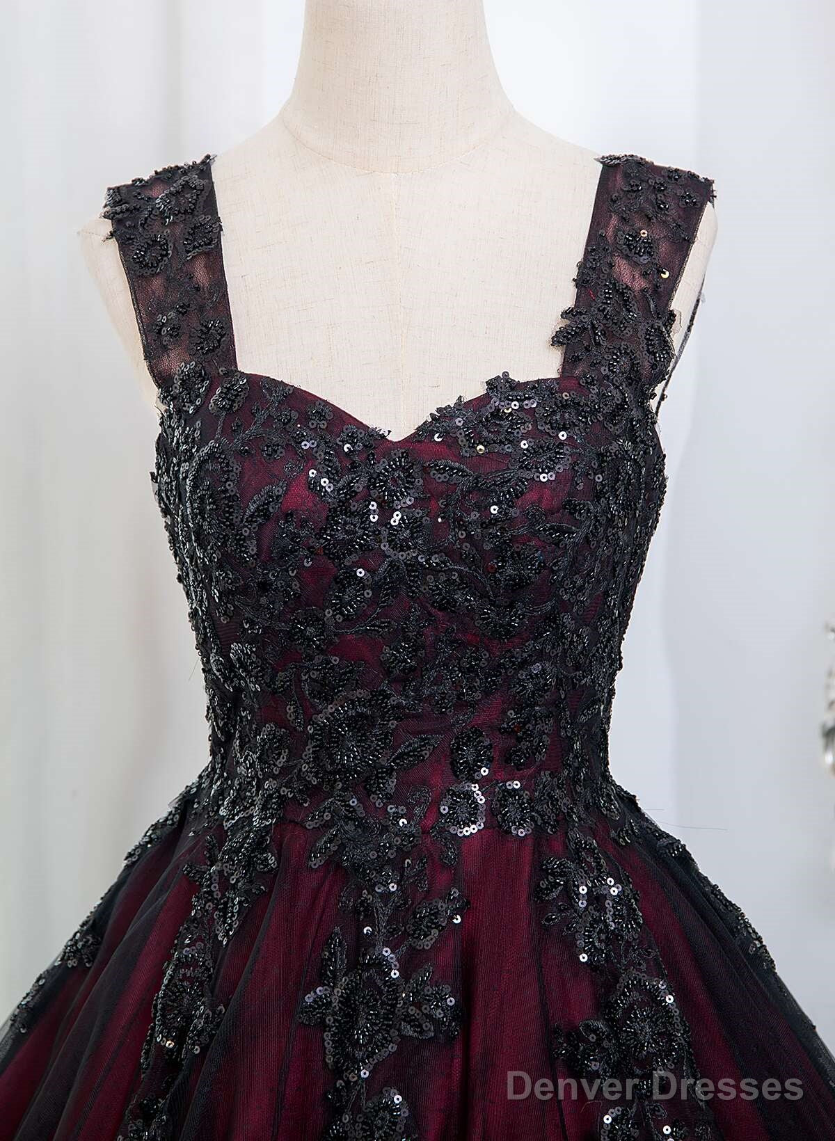 Black And Red Tulle With Black Lace Applique Prom Dress, Black Tulle Sweet 16 Dress