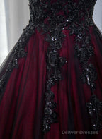 Black And Red Tulle With Black Lace Applique Prom Dress, Black Tulle Sweet 16 Dress
