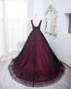 Black And Red Tulle With Black Lace Applique Prom Dress, Black Tulle Sweet 16 Dress