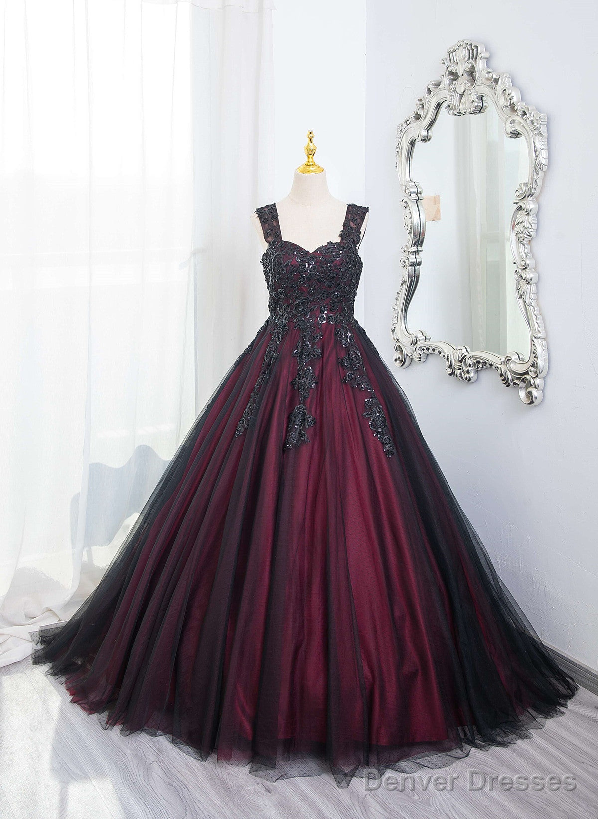 Black And Red Tulle With Black Lace Applique Prom Dress, Black Tulle Sweet 16 Dress Main image