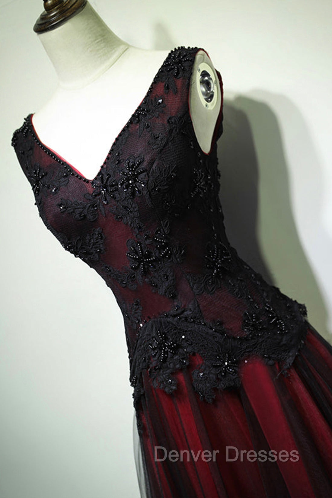 Black and Red V-Neck Tulle Long Prom Dress, Lace Evening Dress Secondary image