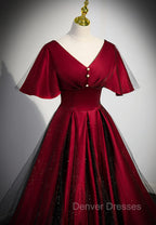 Black and Red V-neckline Long Satin Prom Dress,Chic Long A-line Party Dress