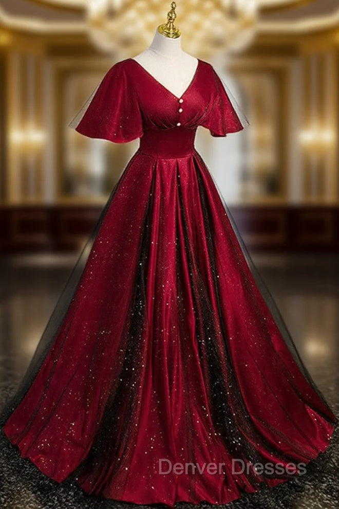 Black and Red V-neckline Long Satin Prom Dress,Chic Long A-line Party Dress Main image