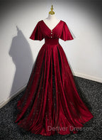 Black and Red V-neckline Long Satin Prom Dress,Chic Long A-line Party Dress