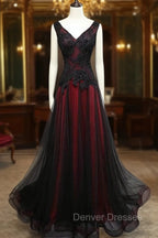 Black and Tulle V-neckline Beaded Lace Long Party Dress, A-line Prom Dress Evening Dress
