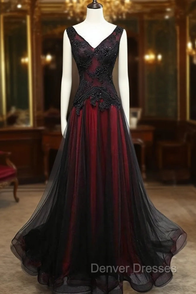 Black and Tulle V-neckline Beaded Lace Long Party Dress, A-line Prom Dress Evening Dress