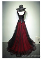 Black And Tulle V-Neckline Beaded Lace Long Party Dress, A-Line Prom Dress Evening Dresss
