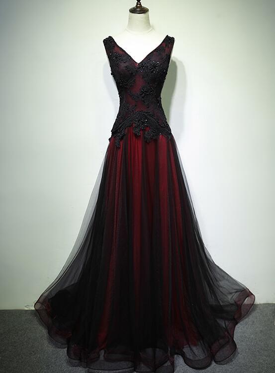 Black And Tulle V-Neckline Beaded Lace Long Party Dress, A-Line Prom Dress Evening Dresss
