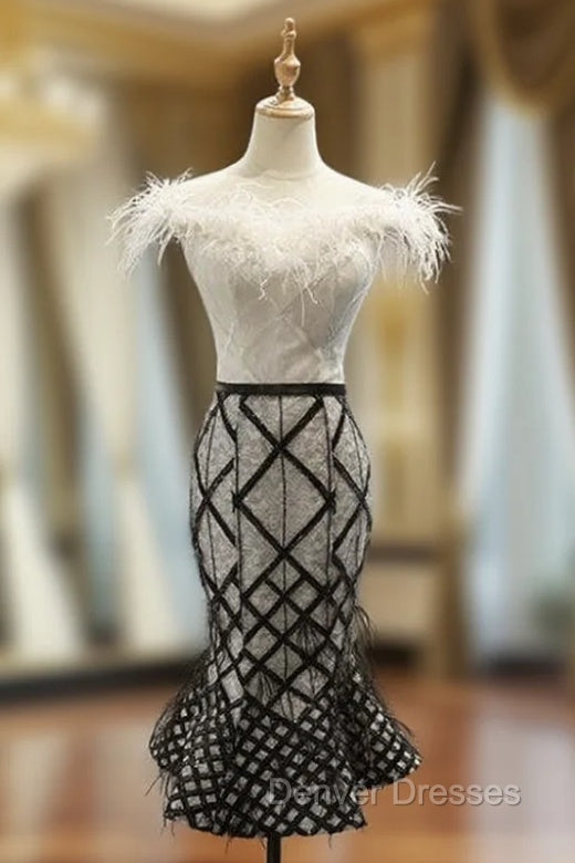 Black And White Mermaid Off the Shoulder Short Prom Dress With Feather