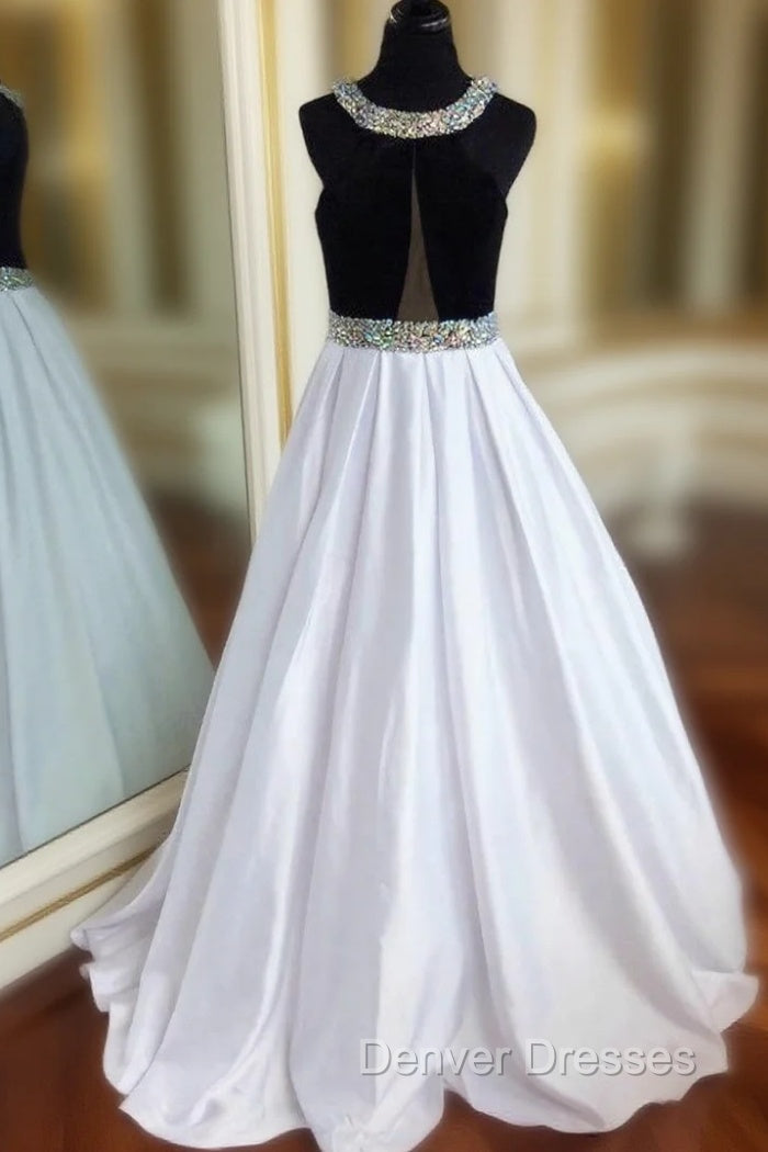 Black and White Satin Long Evening Dress Prom Gowns with Crystals Main image