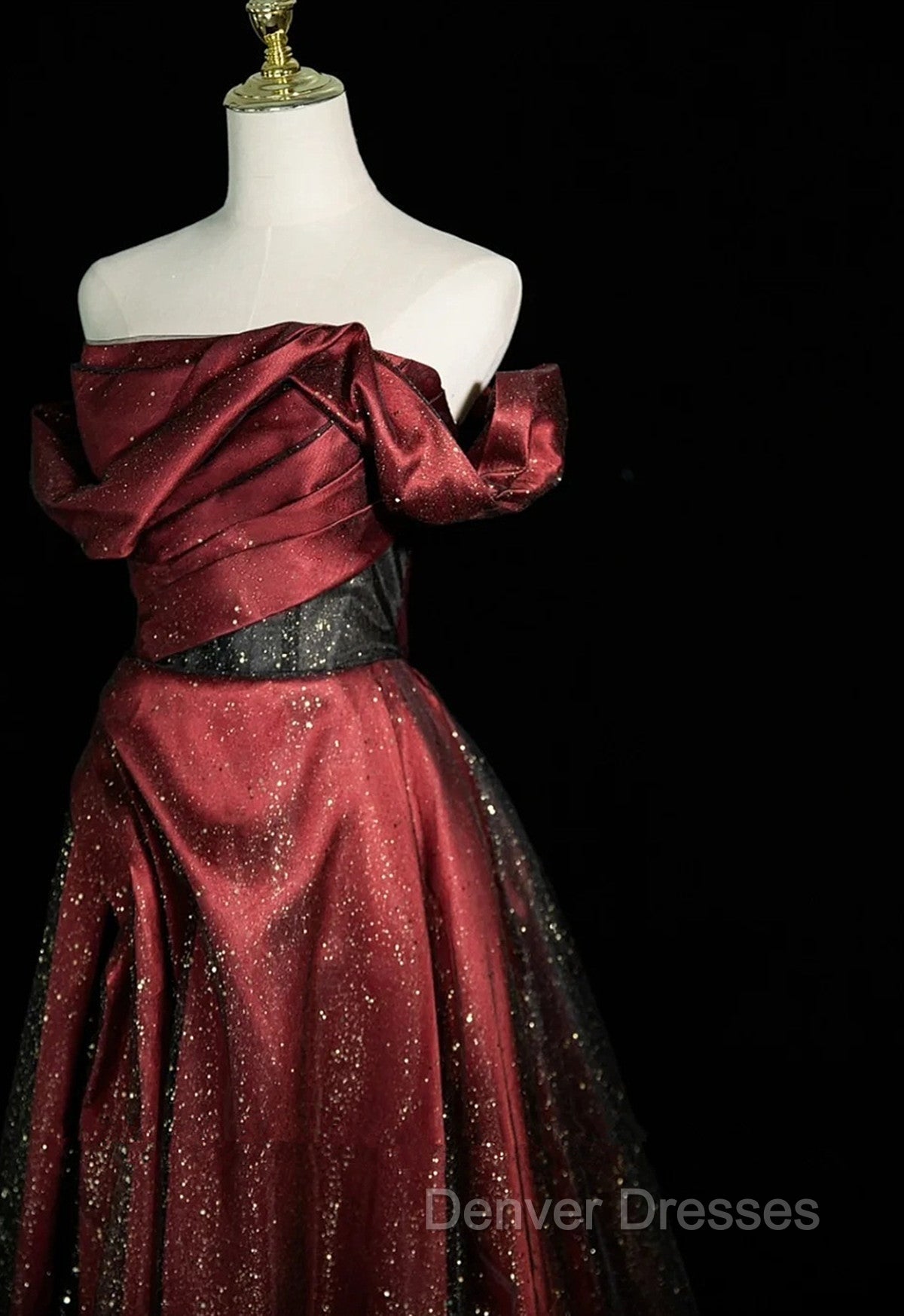 Black and Wine Red Satin Off Shoulder Formal Dress, A-line Long Prom Dress