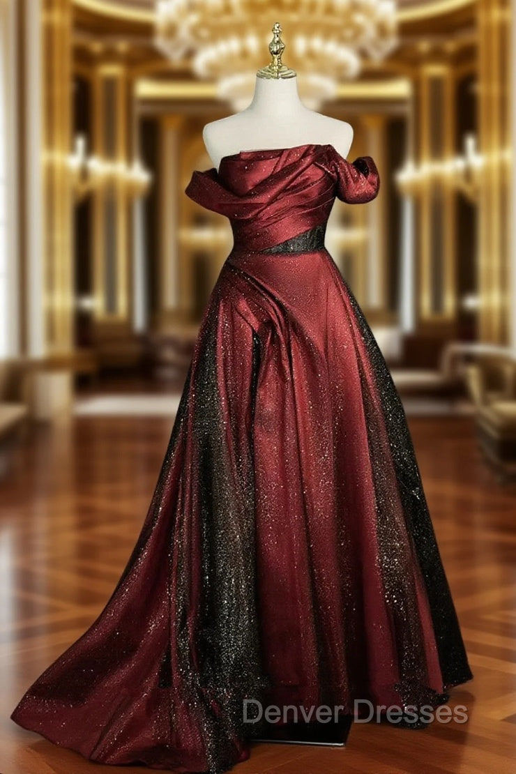 Black and Wine Red Satin Off Shoulder Formal Dress, A-line Long Prom Dress Main image