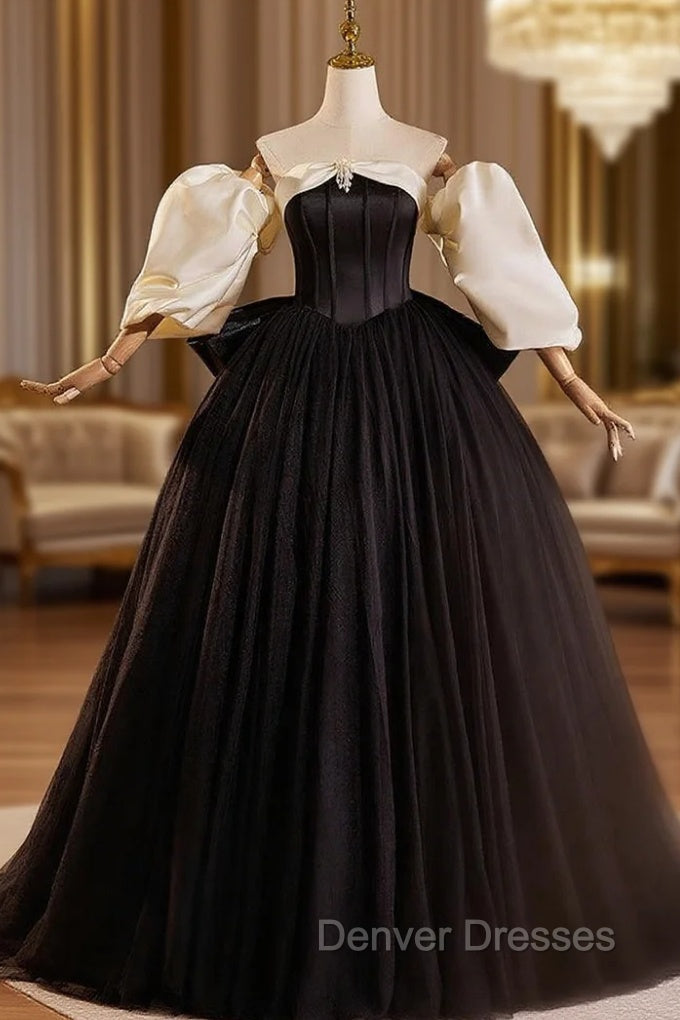 Black Ball Goen Satin Strapless Puff Sleeve Prom Dress Main image