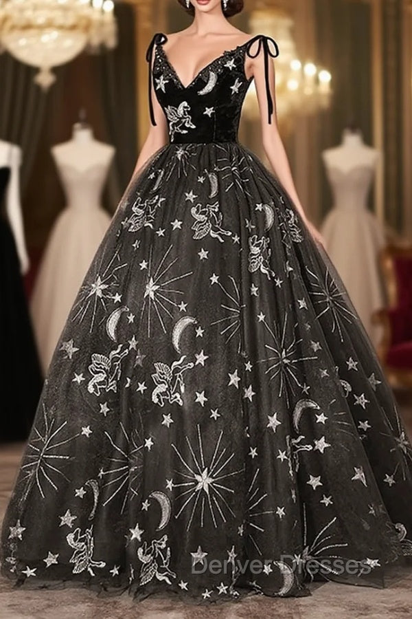 Black Ball Gown Floral V-neckline Straps Sweet 16 Dress, Black Tulle Formal Dress Secondary image