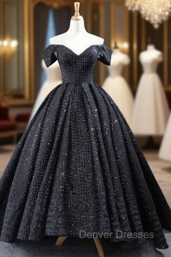 Black Ball Gown Sequins Off the Shoulder Prom Dress