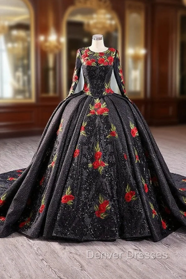 Black Ball Gown Long Sleeve Flower Prom Dress Main image