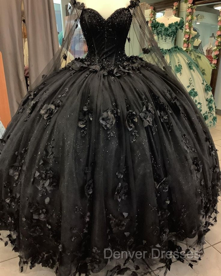Black Ball Gown Quinceanera Dress with Flowers