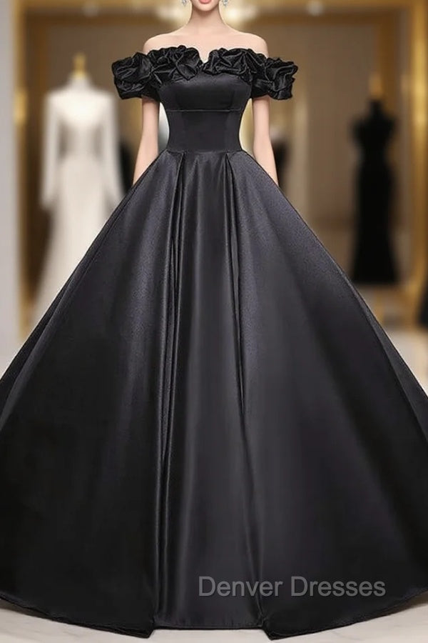 Black Ball Gown Satin Off the Shoulder Quinceanera Dress Main image