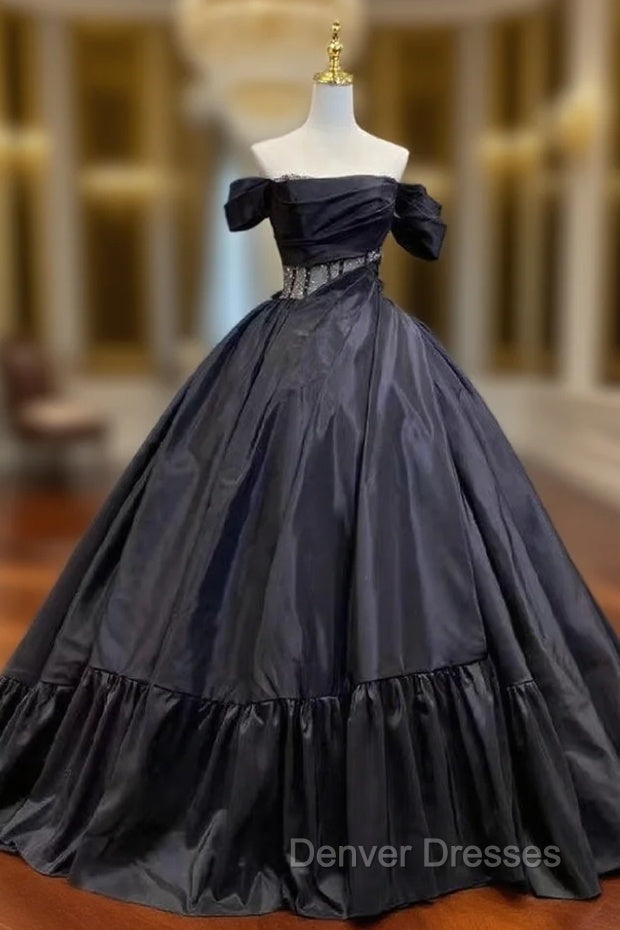 Black Ball Gown Satin Off the Shoulder Wedding Dress Main image