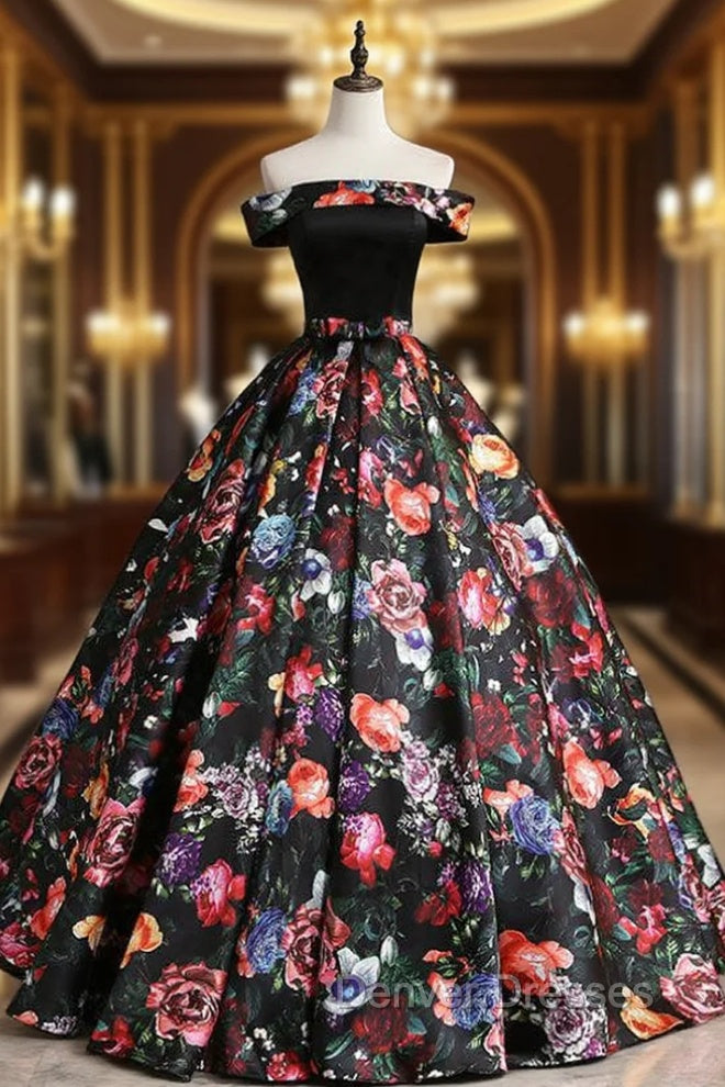 Black Ball Gown Satin Print Off the Shoulder Quinceanera Dress Main image