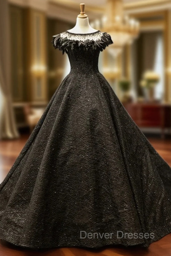 Black Ball Gown Sequins Beading Bateau Prom Dress With Feather Main image