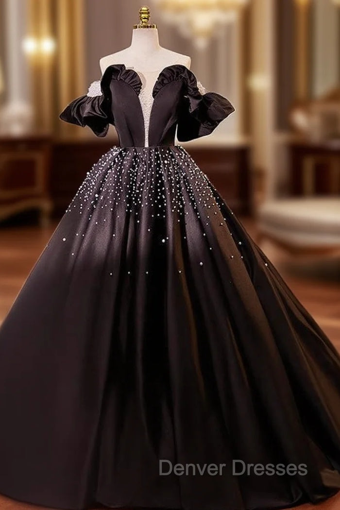 Black Ball Gown Short Sleeve Pearls Quinceanera Dress Main image