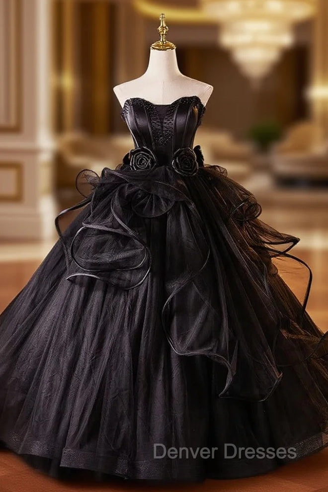 Black Ball Gown Strapless Flower Beading Prom Dress Main image