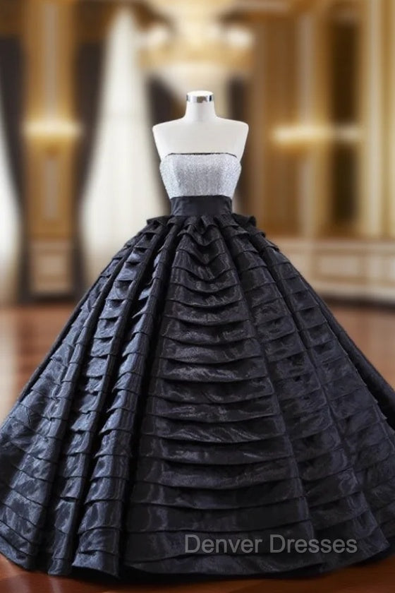 Black Ball Gown Tiers Sequins Prom Dress