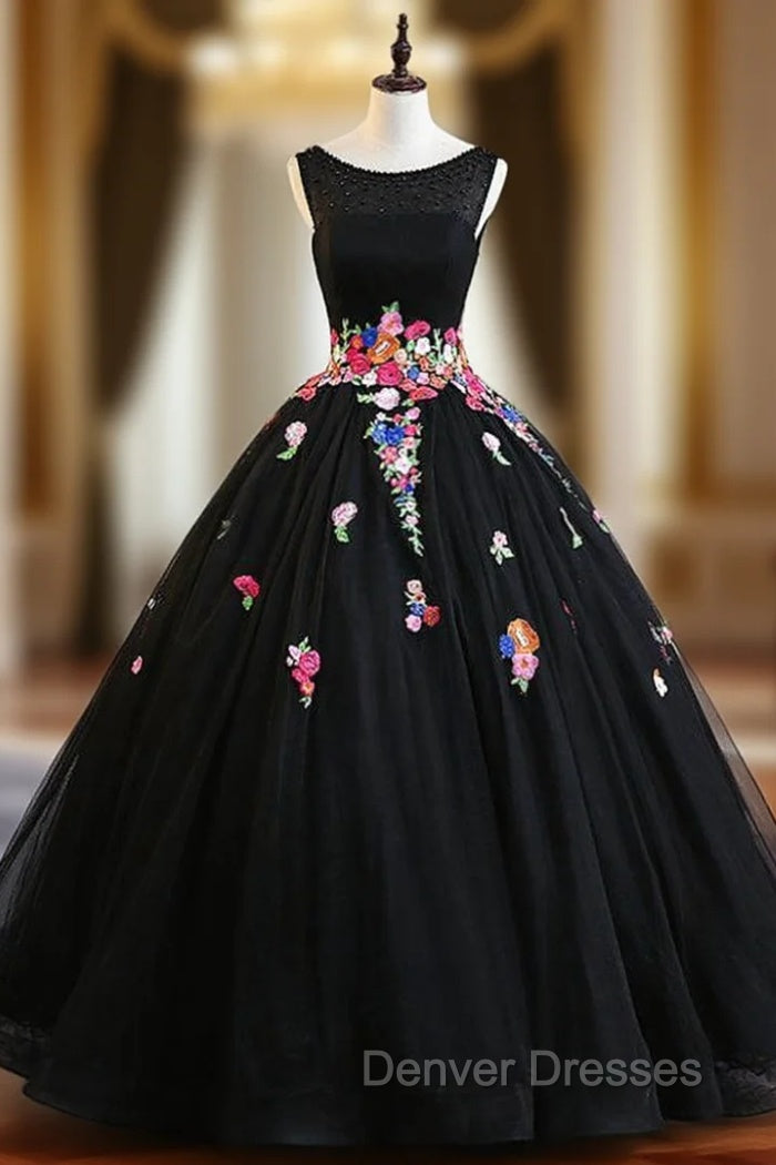 Black Ball Gown Tulle Bateau Backless Appliques Sweet 16 Dress Main image