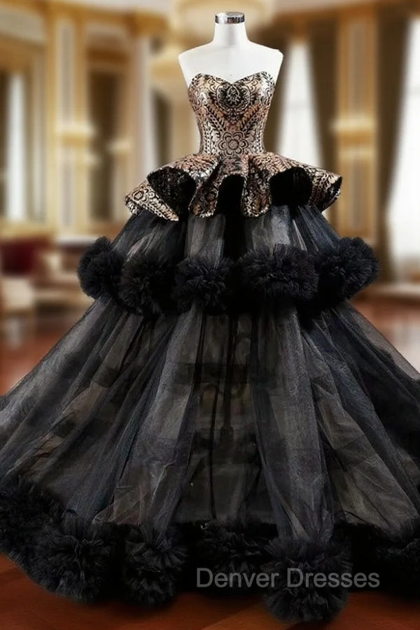 Black Ball Gown Tulle Gold Sequins Sweetheart Formal Prom Dress Main image