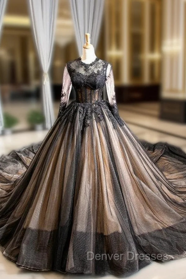 Black Ball Gown Tulle Lace Appliques Long Sleeve Luxury Prom Dress Main image