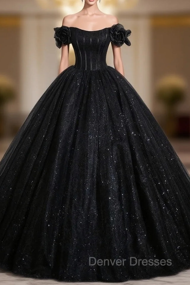 Black Ball Gown Tulle Sequins Off the Shoulder Quinceanera Dress