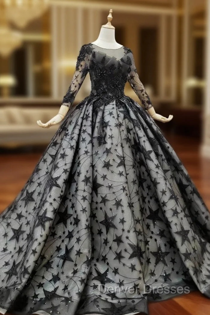 Black Ball Gown Tulle Star Sequins Long Sleeve Wedding Dress Main image