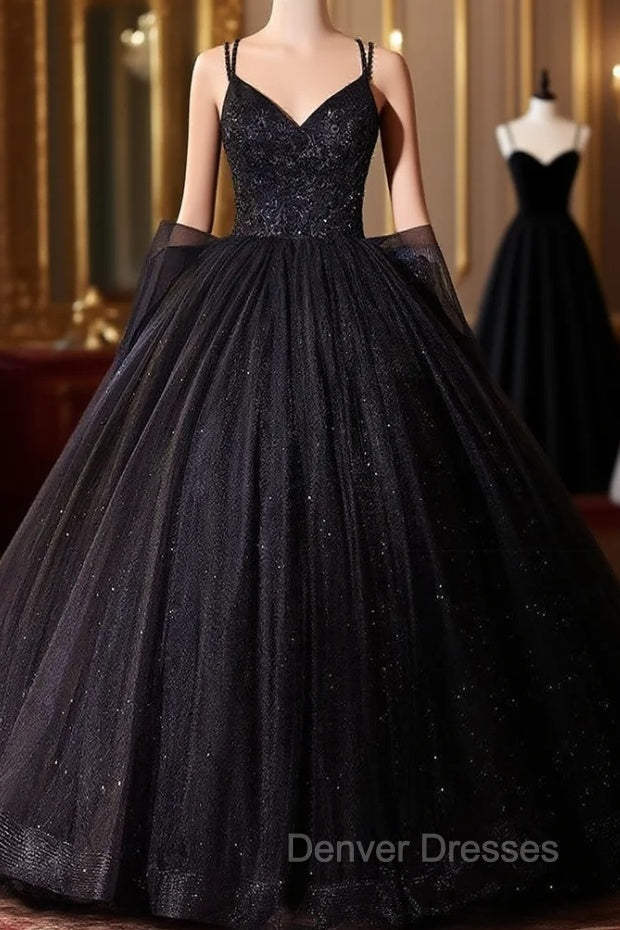 Black Ball Gown Tulle Straps Beading Quinceanera Dress