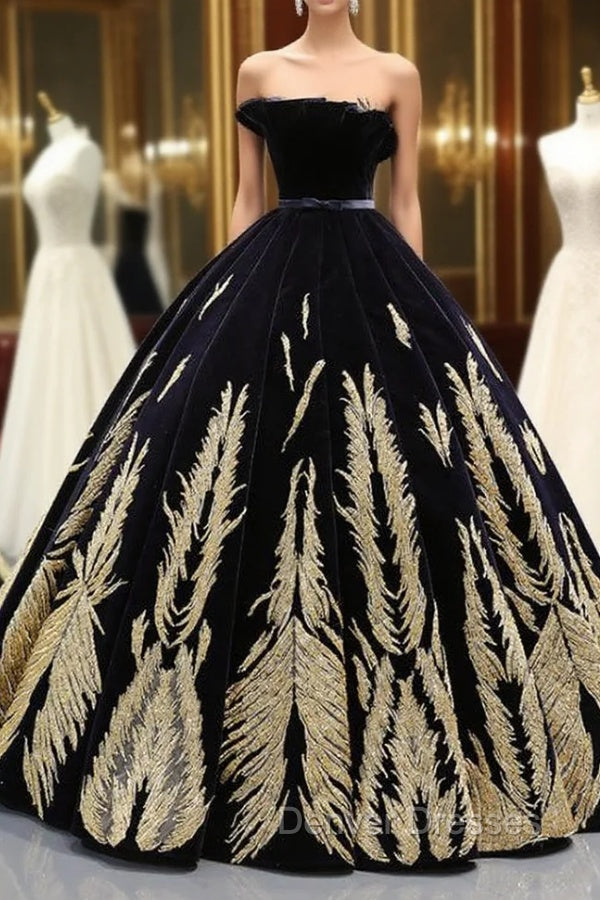 Black Ball Gown Velvet Gold Appliques Backless Long Haute Couture Prom Dress Main image