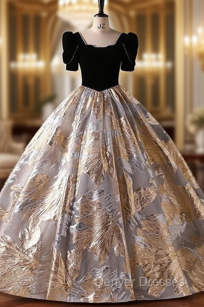 Black Ball Gown Velvet Short Sleeve Quinceanera Dress