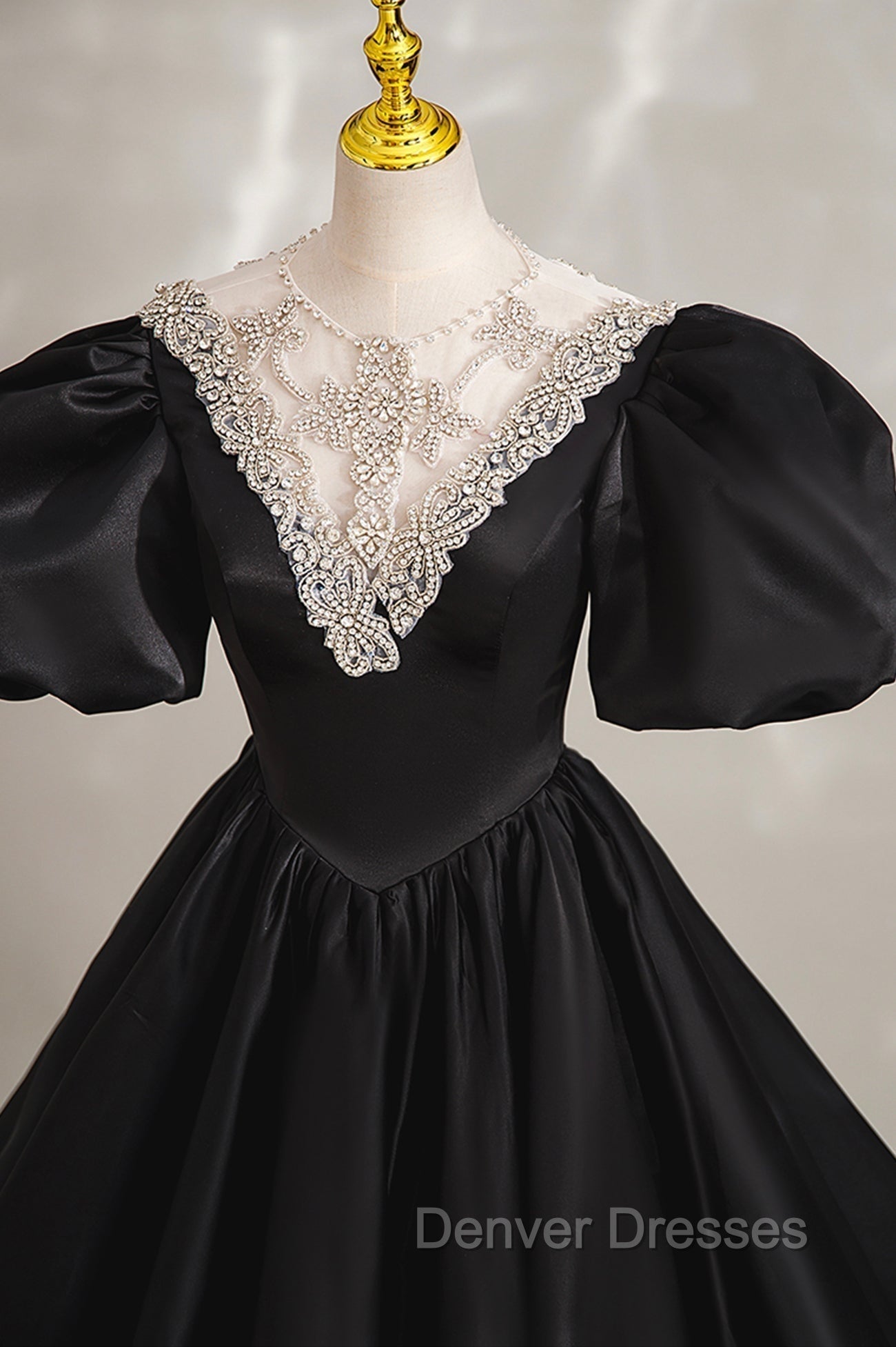 Black Ball Gown with Beaded, Black Short Sleeve Formal Evening Dress Secondary image