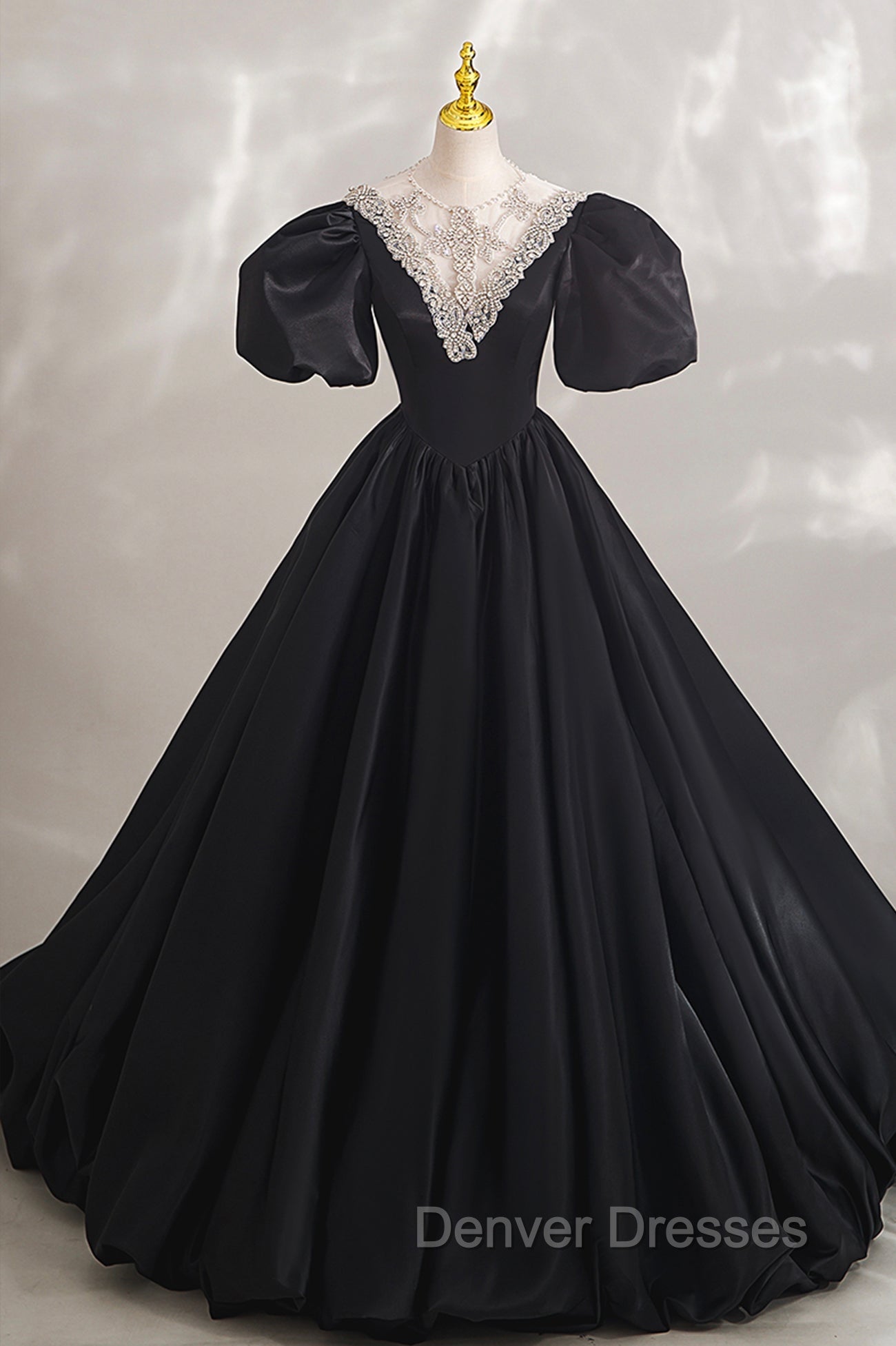 Black Ball Gown with Beaded, Black Short Sleeve Formal Evening Dress Main image