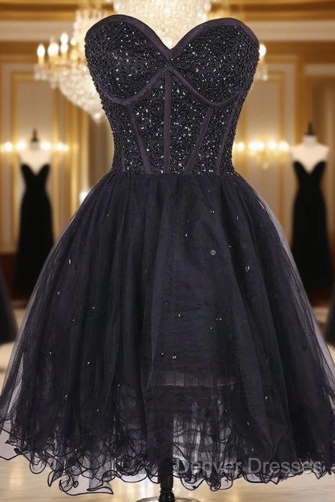 Black Beaded Embellished Sweetheart Short Tulle Homecoming Dress Main image