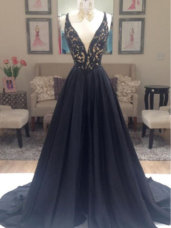 Black Beaded Lace Off Shoulder Prom Dress-Elegant V-Neck V-Back Evening Gown Main image