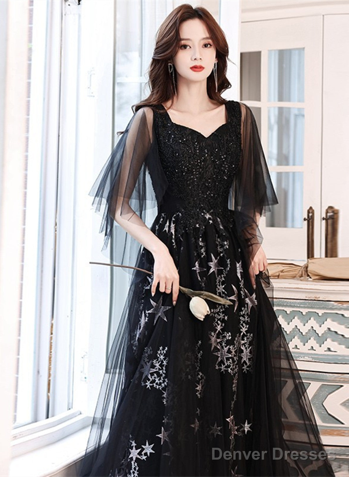 Black Beaded Straps A-Line Floor Length Party Dress, Black Tulle Long Prom Dress Secondary image