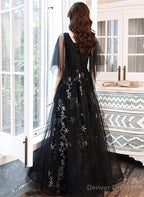 Black Beaded Straps A-Line Floor Length Party Dress, Black Tulle Long Prom Dress
