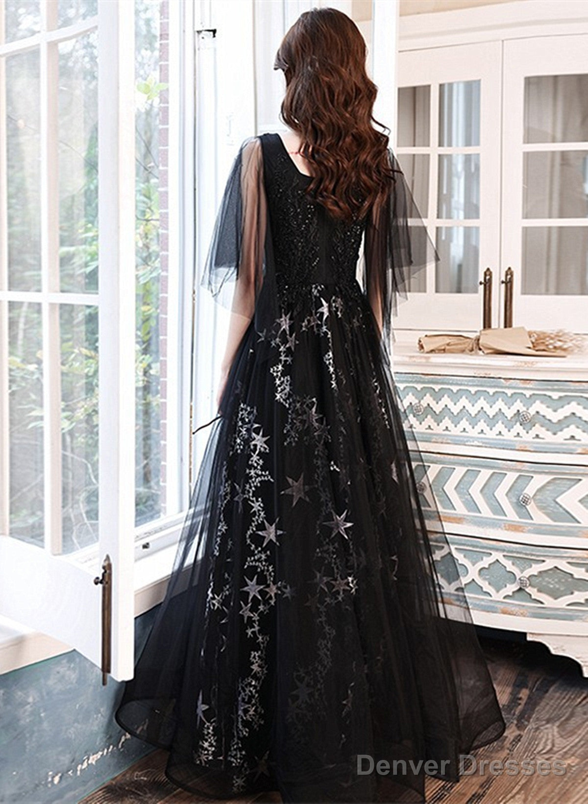 Black Beaded Straps A-Line Floor Length Party Dress, Black Tulle Long Prom Dress